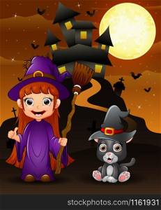 Halloween background with girl witch holding broomstick and kitten witch