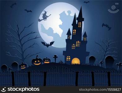 Halloween background with graveyard and castle scene on Halloween night,vector illustration