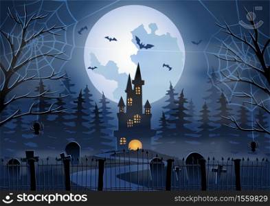 Halloween background with graveyard and Castle scene on Halloween night,vector illustration