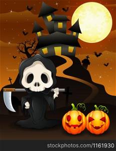 Halloween background with grim reaper and pumpkins.Vector illustration