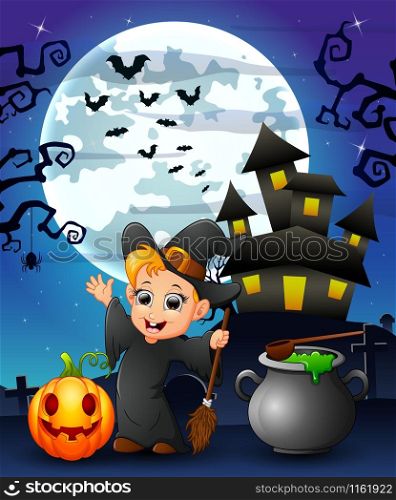 Halloween background with happy boy witch holding broomstick pumpkin and cauldron