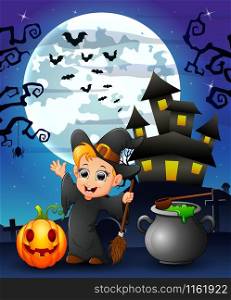 Halloween background with happy boy witch holding broomstick pumpkin and cauldron