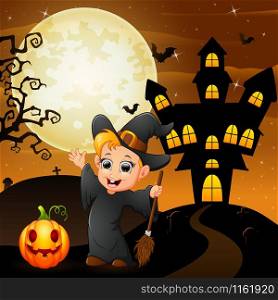 Halloween background with happy boy witch holding broomstick pumpkin.Vector illustration