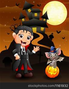 Halloween background with happy child bats and witch boy dracula