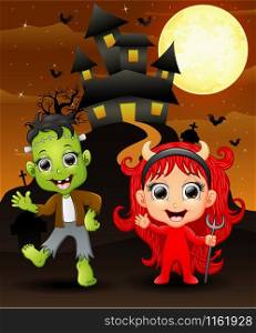 Halloween background with happy girl evil and frankenstein