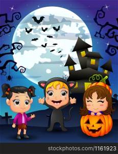 Halloween background with happy girl wearing costume cat, little girl and girl smiling in basket pumpkin.Vector illustration