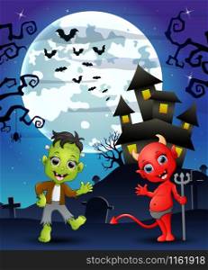 Halloween background with kids frankenstein and red devil