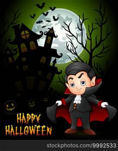 Halloween background with little dracula and spooky castle