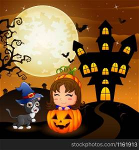 Halloween background with little girl in basket pumpkin and kitten witch