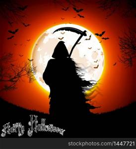 Halloween background with man silhouette of black scary scythe man standing on night full moon. vector