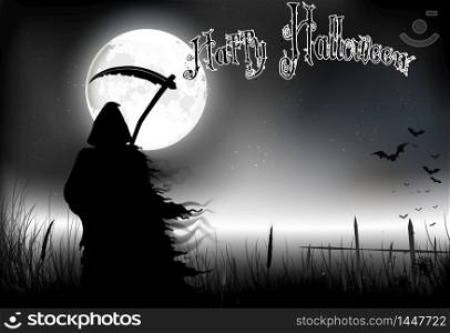 Halloween background with man silhouette of black scary scythe man standing on night full moon. vector