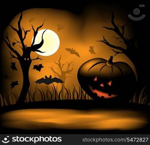 Halloween background with moon, bats and pumpkin