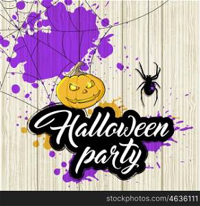 Halloween background with orange pumpkin and spider. Invitation for Halloween party.