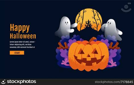 Halloween background with pumpkin, ghost, castle, moon, illustration