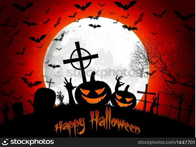 Halloween background with pumpkin zombies hand on full moon