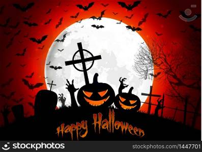 Halloween background with pumpkin zombies hand on full moon