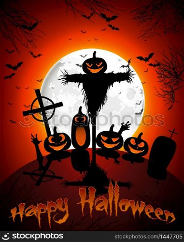 Halloween background with pumpkins and scarecrow on full moon