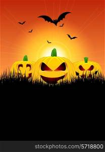 Halloween background with pumpkins in grass and bats flying in the sky