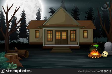 Halloween background with scary house and full moon in the night