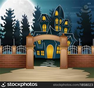 Halloween background with scary house and full moon in the night