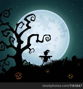 Halloween background with scary scarecrow on the full moon