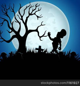 Halloween background with scary scarecrow on the full moon