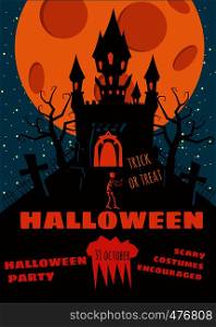 Halloween background with semetery and sceleton, haunted castle, house and full moon. Halloween background with semetery and sceleton, haunted castle, house and full moon. Poster, flyer or invitation template for Halloween party. Retro, vector illustration.