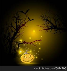 Halloween background with silhouette of tree and pumpkin