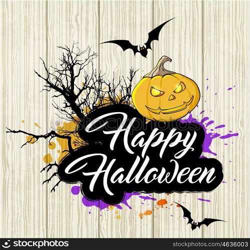 "Halloween background with silhouette of tree and pumpkin. "Happy Halloween" lettering."