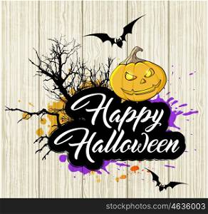 "Halloween background with silhouette of tree and pumpkin. "Happy Halloween" lettering."