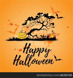 "Halloween background with silhouette of tree and pumpkin. "Happy Halloween" lettering. Vector illustration."