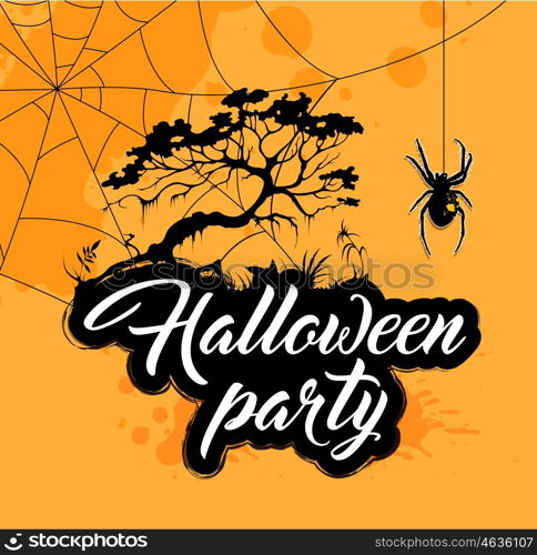 Halloween background with silhouette of tree and spider. Invitation for Halloween party.