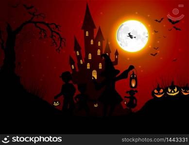 Halloween background with silhouettes of children on day night. vector