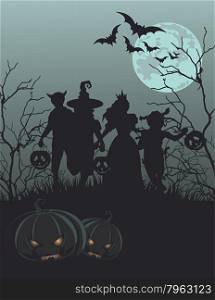 Halloween background with silhouettes of children trick or treating