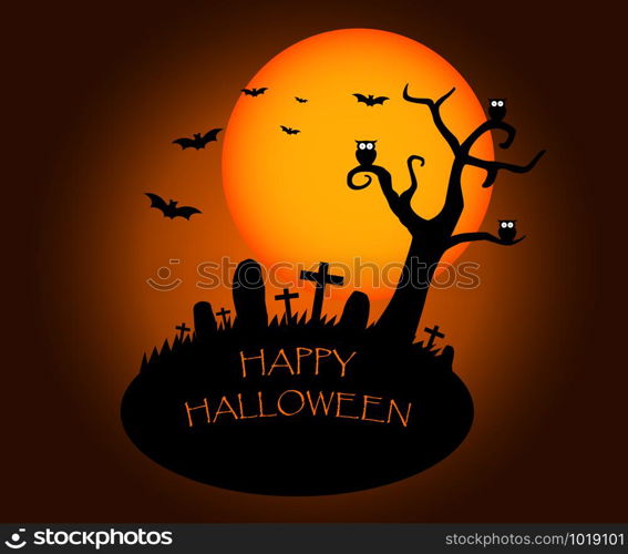 Halloween Background with silhouettes of graveyard and the big moon