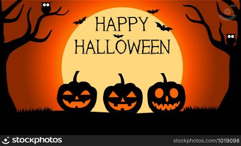 Halloween Background with silhouettes of pumpkins under full moon