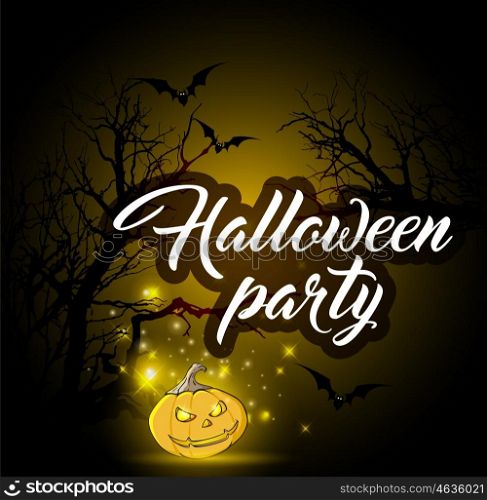 Halloween background with silhouettes of tree and pumpkin. Design for Halloween party.