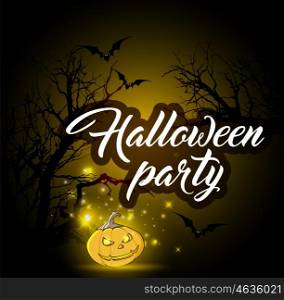 Halloween background with silhouettes of tree and pumpkin. Design for Halloween party.
