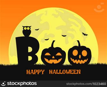 Halloween background with smile pumpkin devil in graveyard and the full moon - boo!