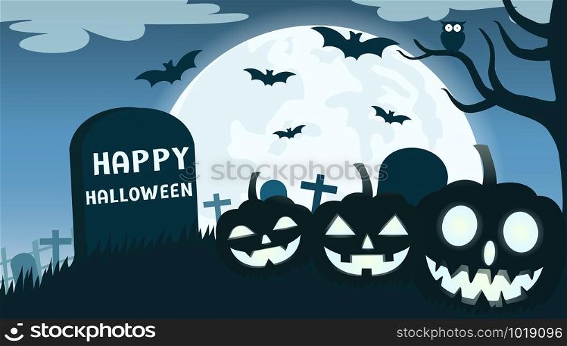 Halloween background with smile pumpkin devil in graveyard and the full moon - Vector illustration