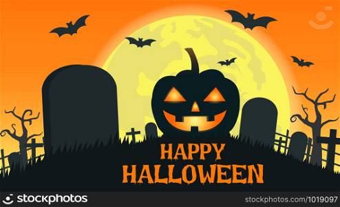 Halloween background with smile pumpkin devil in graveyard and the full moon - Vector illustration