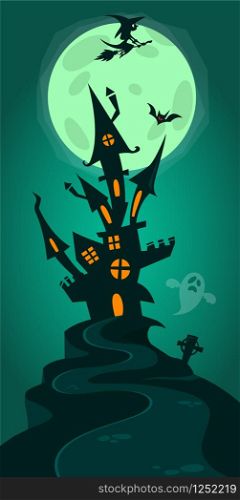 Halloween background with tombs, trees, bats, tombstones, gravey and haunted house. Cartoon illustration