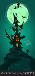 Halloween background with tombs, trees, bats, tombstones, gravey and haunted house. Cartoon illustration
