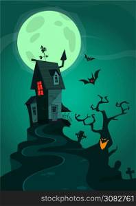 Halloween background with tombs, trees, bats, tombstones, gravey and haunted house. Cartoon vector illustration isolated