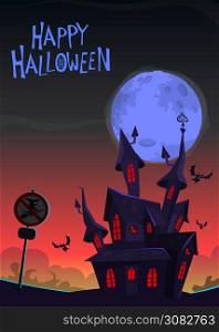 Halloween background with tombs, trees, bats, tombstones, gravey and haunted house. Cartoon vector illustration isolated