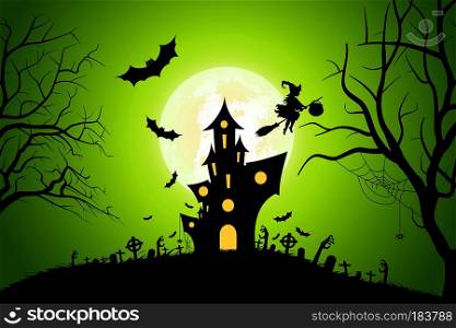 Halloween Background with Whitch and Haunted House, Bats, Moon and Spider. Halloween Background with Whitch and Haunted House.