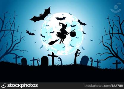 Halloween Background with Whitch. Holiday Card with Graveyard and Zombie Hands.. Halloween Background with Whitch