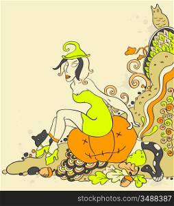 Halloween background with witch sitting on a pumpkin