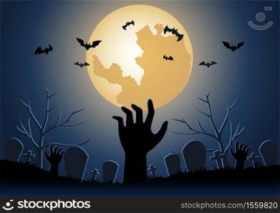 Halloween background with zombie hand raise from underworld on Halloween night,vector illustration