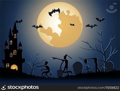 Halloween background with zombie wake from underworld on Halloween night,vector illustration